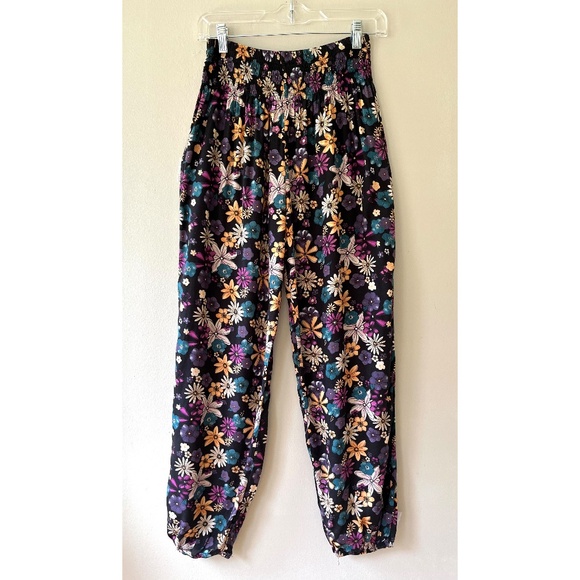 Lotus and Tuna Harem Pants Black Floral Ruched Elastic Waist Wide Leg Size S M - Picture 2 of 6